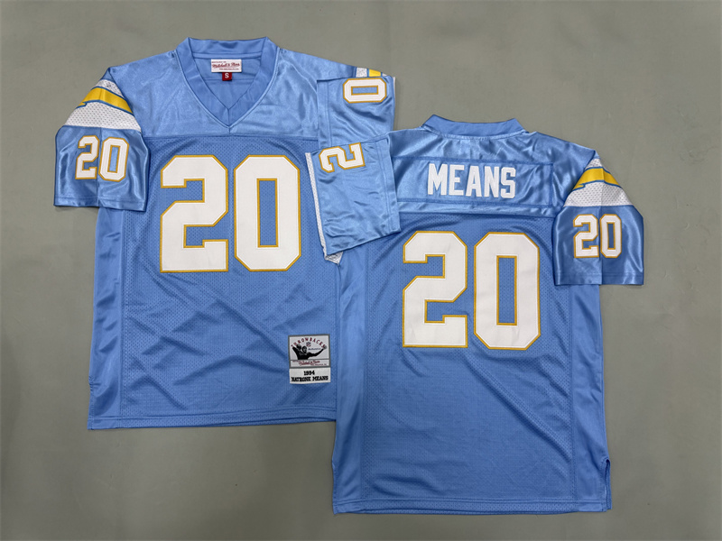 Men 2025 Los Angeles Chargers #20 Means Light blue Throwback Limited NFL Jersey style 001